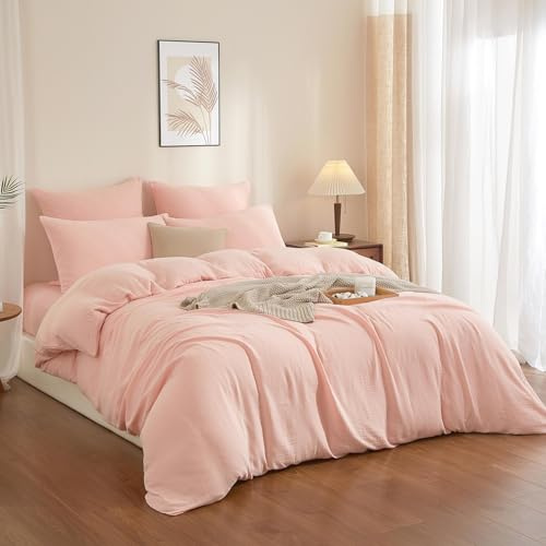 YASMENG Doppelte Muslin Bettwäsche 135x200 Rosa 100% Baumwolle Bettwäsche Muslin Weich Atmungsaktiv Kuschelige Bettbezug Set 2teilig mit Reißverschluss und 80x80 cm Kissenbezug