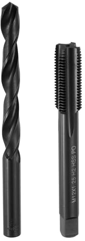 QUARKZMAN Jeu de tarauds et de forets métriques, 1 taraud à cannelure droite M12 x 1,25 et 1 foret hélicoïdal de 10,8 mm, outils de filetage en oxyde noir HSS6542