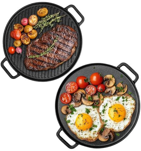 Navaris Bistecchiera Ghisa 30 cm - Reversibile con Piastra Piatta e Rigata - Griglia Rotonda per Induzione Gas e Forno - Resistenza al Calore per Barbecue