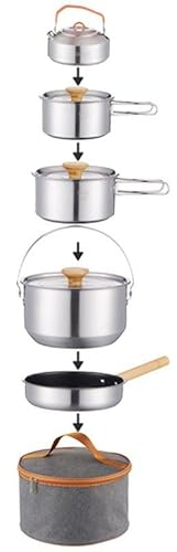 Camping Kochgeschirr Set 304 Edelstahl 10-teilige Töpfe Pfannen, Wasserkocher, Reise Mesh Tasche für Camping, Trekking, Garten Picknick, Backpacking Ausrüstung