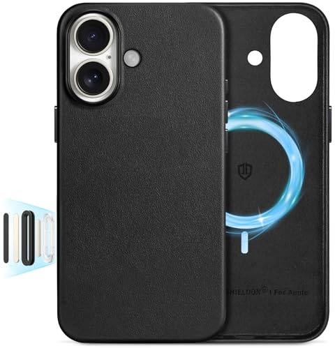 SHIELDON Lederhülle für iPhone 16 6,1 5G 2024, Schwarz | Echtleder, Kabelloses Laden, Kompatibel mit MagSafe, Kamerasteuerung, Leichte Schutzhülle, Dünne Hüllen