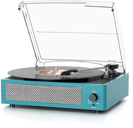 Tocadiscos inalámbrico Bluetooth con Altavoces Integrados, diseño Vintage de accionamiento por Correa, Compatible con Discos de 7/10/12, 3 velocidades, Salida RCA y Entrada Auxiliar