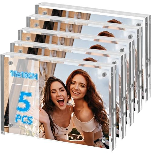 Oungy Lot de 5 cadres photo magnétiques en acrylique - Double face - 10 x 15 cm - Transparents - Sans cadre - Magnétique - En format portrait ou paysage - Pour photos, collage