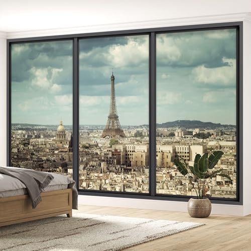 Lumalea - Papier peint panoramique Trompe l'oeil baie vitrée Paris tour eiffel - Largeur 195 cm x Hauteur 117 cm