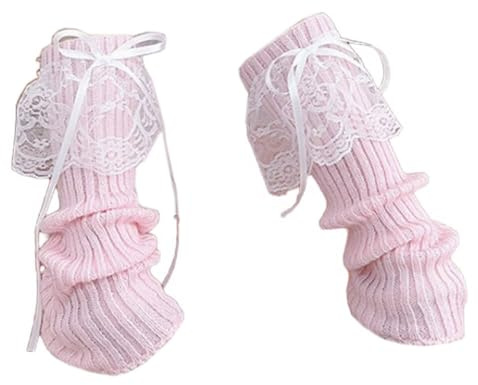 Wambere Spitze Beinwärmer Gestrickte Beinwärmer mit Schleife Damen Beinwärmer Beinstulpen Weiche Warme Beinlinge Stiefelüberzieher Knöchelwärmer Legwarmers Beinwärmersocken Sockenüberzüge,Rosa