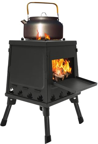 RjcdOPL Réchaud de Tente Portable, Poêle à Bois Camping Pliable d'extérieur, Avec Gants et Sac de Transport, Pour Camping, Cuisine d'arrière-cour, Pique-niques (Noir)