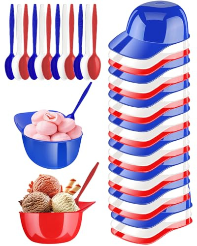 Tendiren 24 Pack Mini Baseball Helmet Ice Cream Bowls, 8 oz Helmets Plastic Baseball Snack Cups, Kids Helmet Bowls with 24 Dessert Spoons for Birthday Party Supplies (Red Blue and White)