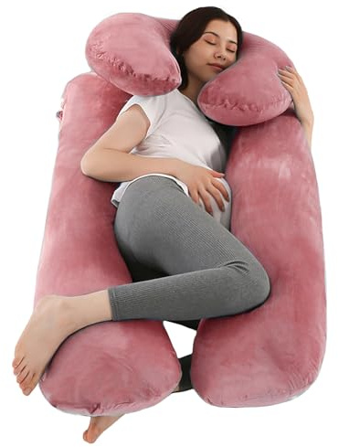 CALIYO Schwangerschaftskissen 2-teilig in U-Form, Seitenschläferkissen mit Bezug, Stillkissen groß, Pregnancy Pillow und Komfortkissen für Erwachsene (Altrosa, Kristallvelour)