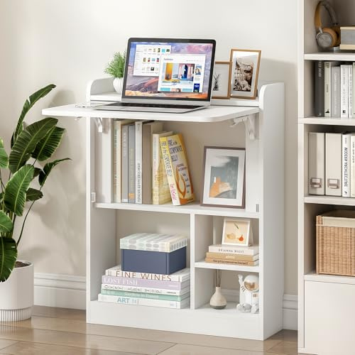 Rebonique Wall Mounted Table Folding Desk,Drop Leaf Floating Table with 4 Open Storage Shelves,Computer Desk Home Office Desk Workstation for Small Space Study Bedroom Dining Kitchen Living Room,White