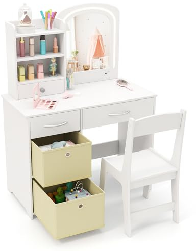 Maxmass Kids Vanity Table and Chair Set, Children Dressing Tables with 2-Color LED Lighted Mirror, Drawers, Storage Shelves, Removable Bins, Girls Make up Desk Princess Pretend Dresser Table (White)