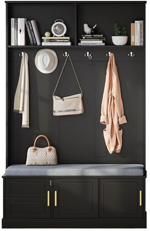 Garderobe mit Sitzbank, Garderobenschrank Flur mit 6 Dreifach-Haken, Flurgarderoben Set mit Schuhschrank und Offenem Stauraum, Kompaktgarderobe, Garderobenset Wandgarderobe, 120×40×191cm, Schwarz