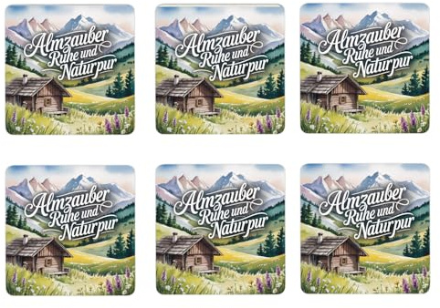 Oberbayern Alpenwiese 6er Set Untersetzer aus Holz - Almzauber Holzhütte mit Almzauber Motiven, ideales Bayrisches-Dekor