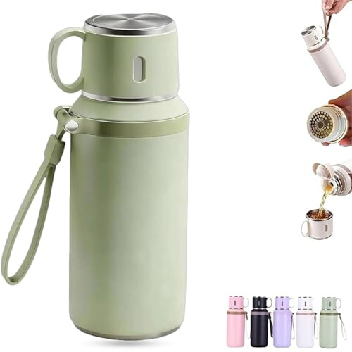 Botella Térmica de Acero Inoxidable 2 en 1 con Taza con Tapa, Diseño Boca Ancha 316 Antifugas para Gimnasio, Viajes y Café(Green)