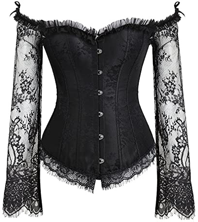 Zooma Corsetto Sexy da Donna, Top Corpetto da Donna, con Corsetto in Vita con Maniche, Camicia Tradizionale con Camicetta Dirndl Corsetto Bustier (0183-Nero, XL)
