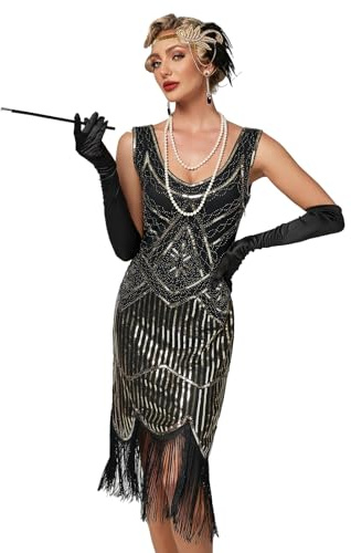 VILOREE 1920 Pailletten verschönert Quasten Falten Flapper Damen Mini Kleid Party Gastby Motto Gold Schwarz XL