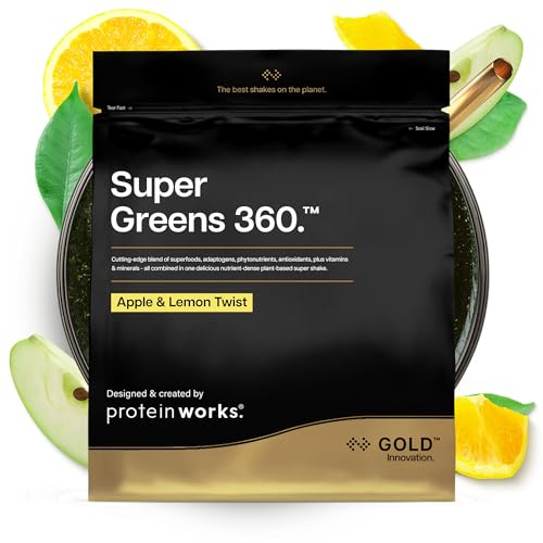 Protein Works | Super Greens 360 - GOLD Innovation, Mezcla de Superalimentos Verdes Mejorada, 159 Beneficios para la Salud, Antioxidantes, Adaptógenos, Vegano, Manzana y Limón, 83 Porciones, 1g