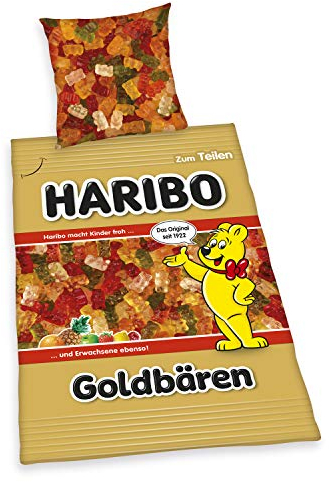 Herding Haribo Goldbärentüte Bettwäsche-Set, Wendemotiv, Kopfkissenbezug 80 x 80 cm, Bettbezug 135 x 200 cm, Mit leichtläufigem Reißverschluss, Baumwolle/Renforcé