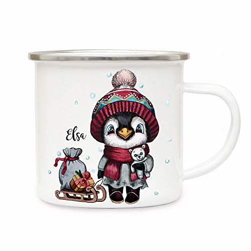 ilka parey wandtattoo-welt Emaillebecher Becher Tasse Camping Pinguin mit Schlitten & Wunschname Name Kaffeetasse Winter Weihnachten Geschenk eb577