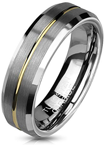 Paula & Fritz® Ring Damen Wolframcarbid Gebürstet Gr. 67 (21,3) Silber-Gold 6-mm Breit Herren-Ring Partner-Ring Damenring Verlobungs-Ring Ehering