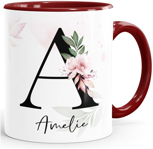 SpecialMe® Kaffee-Tasse mit Buchstabe Monogramm personalisiert mit Namen Initiale Blumen-Motiv persönliche Geschenke Bordeauxrot Keramik-Tasse