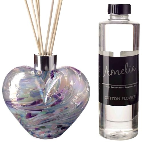 Amelia Art Glass Reed Diffuser Heart Gift Set - Purple, Blue & Pink with Sweet Pea Fragrance, Height 11.5cm, width 12cm with reeds 25cm