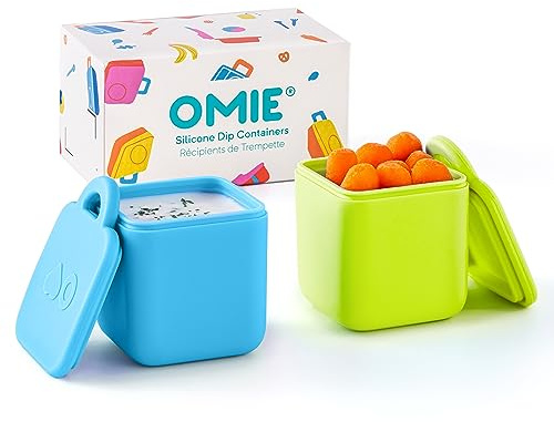 Omie Caja (paquete de 2) recipientes a prueba de fugas para llevar, recipiente para aderezos de ensalada, contenedor de condimentos con tapas, silicona apta para alimentos, 4 onzas (azul/lima)