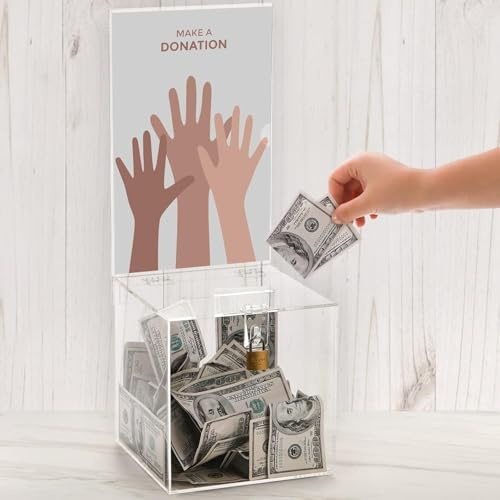 YOUEON Quadratische Spendenbox aus Acryl mit Schloss und abnehmbarem Schilderhalter, transparente Vorschlagsbox, Tombola-Box, Wahlurne für Abstimmung, Wohltätigkeitsorganisation, Suggetstion-Sammlung