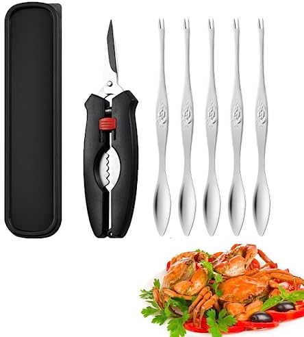 JIAMIAN 6 Pieces Stainless Seafood Tool Sets with Storage Box, Crustacean Set, Lobster Crackers, Crab Leg Crackers, Including 1 Lobster Crab Crackers and 5 Forks