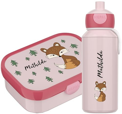 4youDesign Mepal Bento Box und Trinkflasche Set personalisiert Fuchs – Geschenk für Kinder Weihnachten, Nikolaus, Geburtstag – BPA frei - Auslaufsicher – Brotdose 750ml, 400ml Flasche (Cool Pink)