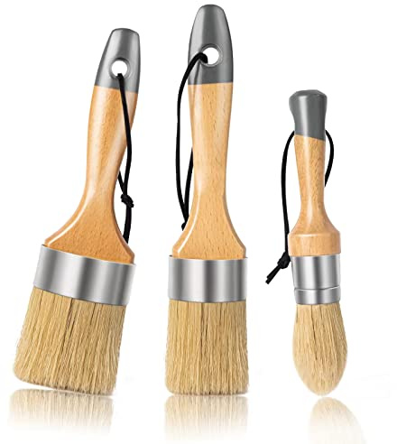 Mister Rui Chalk Wax Paint Brush 3 pcs, Large Wax Brush, Brushes for Furniture, Acrylic Paint, Milk Paint, Natural Bristles, 1 Small Round Brush and 2 Large Oval Brushes