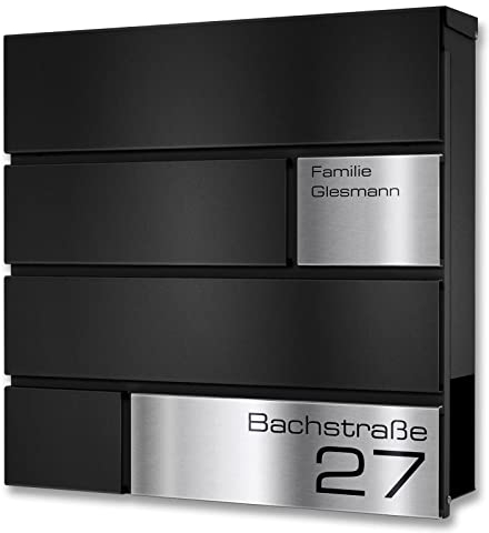 Metzler Briefkasten in schwarz Modell G - Pulverbeschichtung in RAL 9005 Feinstruktur Matt - Postkasten mit Gravur und Edelstahl Namensschild - Zur Wand-Montage - Größe: 37 x 37 x 10,5 cm