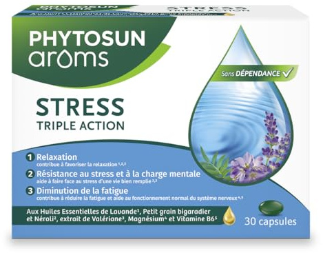 Phytosun Arôms – Stress Triple Action Huiles Essentielles Relaxation, Résistance au et Diminution de la fatigue (1,2,3) 30 Capsules