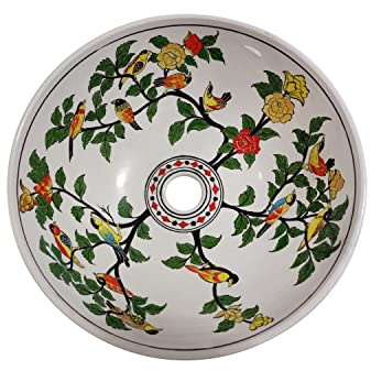 Bird and Flowers Ceramic Bathroom Sink, Hand Sculptured Vessel Sink, Painted Pottery Basin Bowl, Handcrafted Kitchen Washbasin, New Bathroom