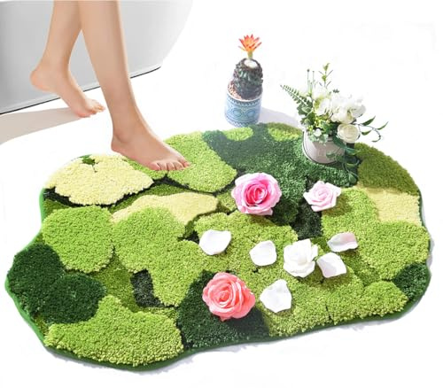 Hifuwan Badematte, niedlich, in Grün mit Moos- und Blätterdesign, flauschig, weich, rutschfest, saugfähig und waschbar, Boho-Badezimmerteppich für Badezimmer, Dusche und Innenbereich
