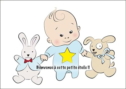 Kartenkaufrausch Im 5er Set: Süße französische Babykarte (Junge), Glückwunschkarte zur Geburt mit Baby Boy und Stofftieren: Bienvenue à cette Petite étoile !!