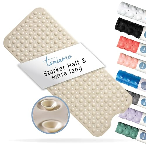 Toniamo Tapis de bain antidérapant 100 x 40 cm | Extra long | Sans BPA | Antibactérien et lavable en machine | Sandy