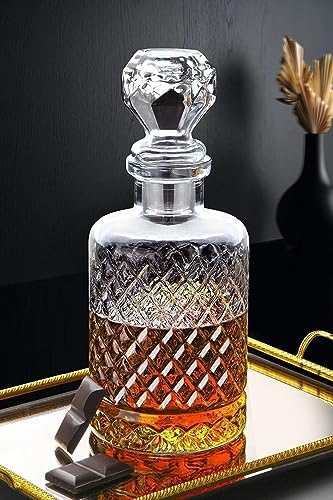 Decanter con coperchio in vetro, brocca da portata per whisky fatta a mano, decanter in cristallo da bar per bevande alcoliche da 1250 ml (Diamante-Top)