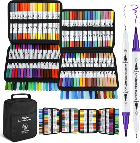 Ohuhu 160 Colours Colouring Pens, Dual Tip Brush Pens Felt Tip Pens Art Markers with Fineliner for Adults Colouring Book Drawing Calligraphy Sketching Journal, Maui - Carrying Bag