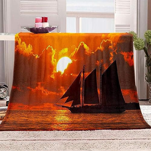 Kuscheldecke 80 x 150 cm 3D Sonnenuntergang Flanell Fleecedecke, Weich Warm Flauschig Decke Segelboot Wohndecke Decken für Sofadecke Couchdecke kuscheldecken für Kinder Erwachsene, Blanket