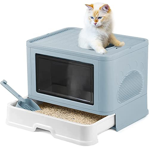Bandeja de arena para gatos, gran casa de aseo de gato plegable con tapa, bandeja de cajón y pala para caña, portátil, WC para gatos con tapa, 48 x 39 x 34 cm, PP-Bleu claro