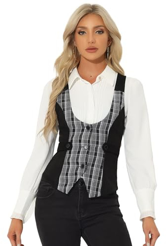 Allegra K Damen Plaid Wildlederimitat Ärmellose Weste mit Knopfleiste | Ringerrücken mit Spitzem Saum 3 Knöpfe Vorne Büro Konzert Kostüm