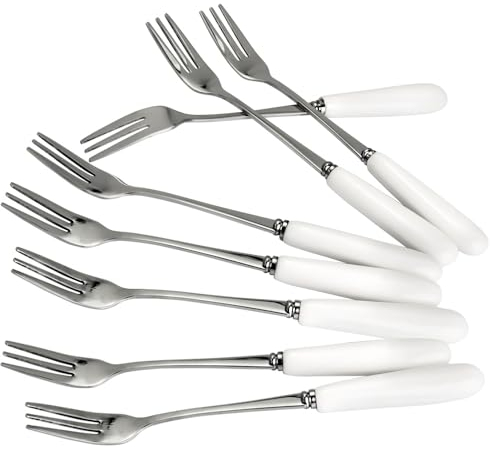 MEIYAHOME Fine Dessert Forks 18-10 Stainless Steel Fruit Fork(Creative White Ceramic Handle) Tasting Forks, 3-Tine Forks, sus304 6inch (8 Pcs)