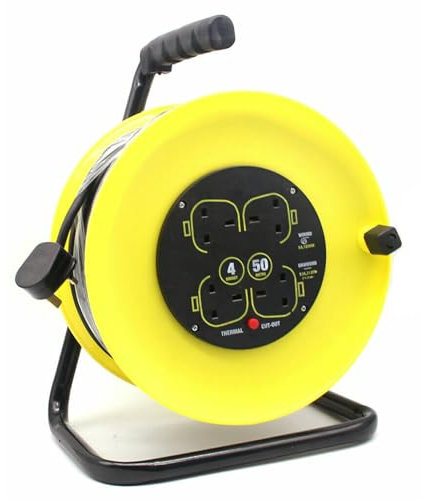 Extension Lead - 50 Meter Extension Cable with 4 Socket Metal Frame - Free Standing, Extra Long Extension Lead Reel - Heavy Duty Cord Reels with Electric Cut Out to Prevent Overloading