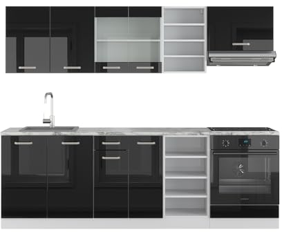 Vicco Küchenzeile R-Line, Küchenblock, Schwarz Hochglanz/Weiß, 240 cm, AP Marmor