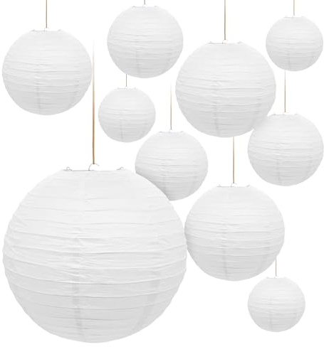 Papier Lampion in weiß zum Hängen - 10er Set in 25 cm - Deko Papierlaterne rund - Lampenschirm Papierlampe gerippt Deko für Garten Party Hochzeit Geburtstag Bamboo Style