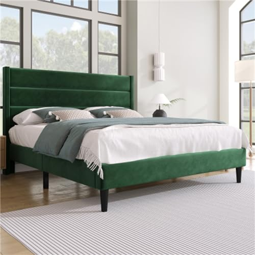 Gepolstertes Bett, Mit Bettbrett Aus Massivem Holz, Mit Verstellbarem Rechteckigem Kopfteil, Modisches Design, Für Schlafzimmer Für Erwachsene Und Jugendliche(Size:140x200cm,Color:Grün)