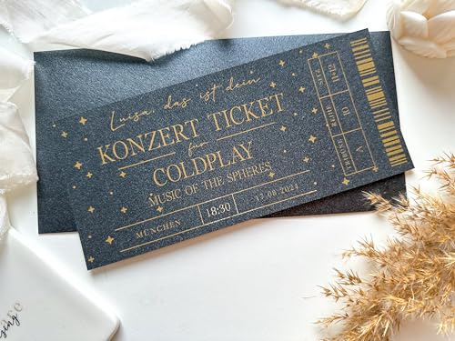 Generisch Konzert Ticket Personalisierbar, Goldfolie, Perlmuttpapier, Geschenk Musikliebhaber, Eventgutschein, Konzertkarte