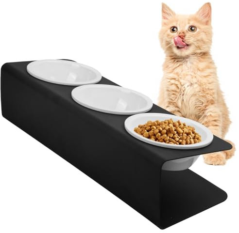 Katzennapf Erhöht 3er Set, 300ml 15°Gekippte Fressnapf Katze aus Keramik, 43x14,5x11cm Futterstation Katzen Hundenapf, Katzen Napfset Katzenfressnapf, Erhöhte Futternäpfe für Kleine Hunde Katzen