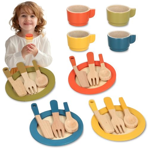 Wooden Kitchen Toys for Kids, 26PCS Toy Kitchen Accessories for Toddler Boys Girls, Wooden Play Food Tea Set for Toddlers Girls Boys Age 2-7 Years