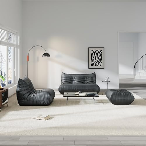 Comfy Lazy Floor Sofa Couch,Soft Armless Chair,Faux Leather Lounge Chair,Corner Relax Sofa Couch for Living Room Bedroom,Salon Office,Adults((Black+2P+1P+ Ottoman)